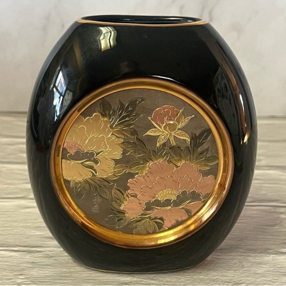 Vintage The Art of Chokin 24k Gold Trim Japanese Floral Black Vase